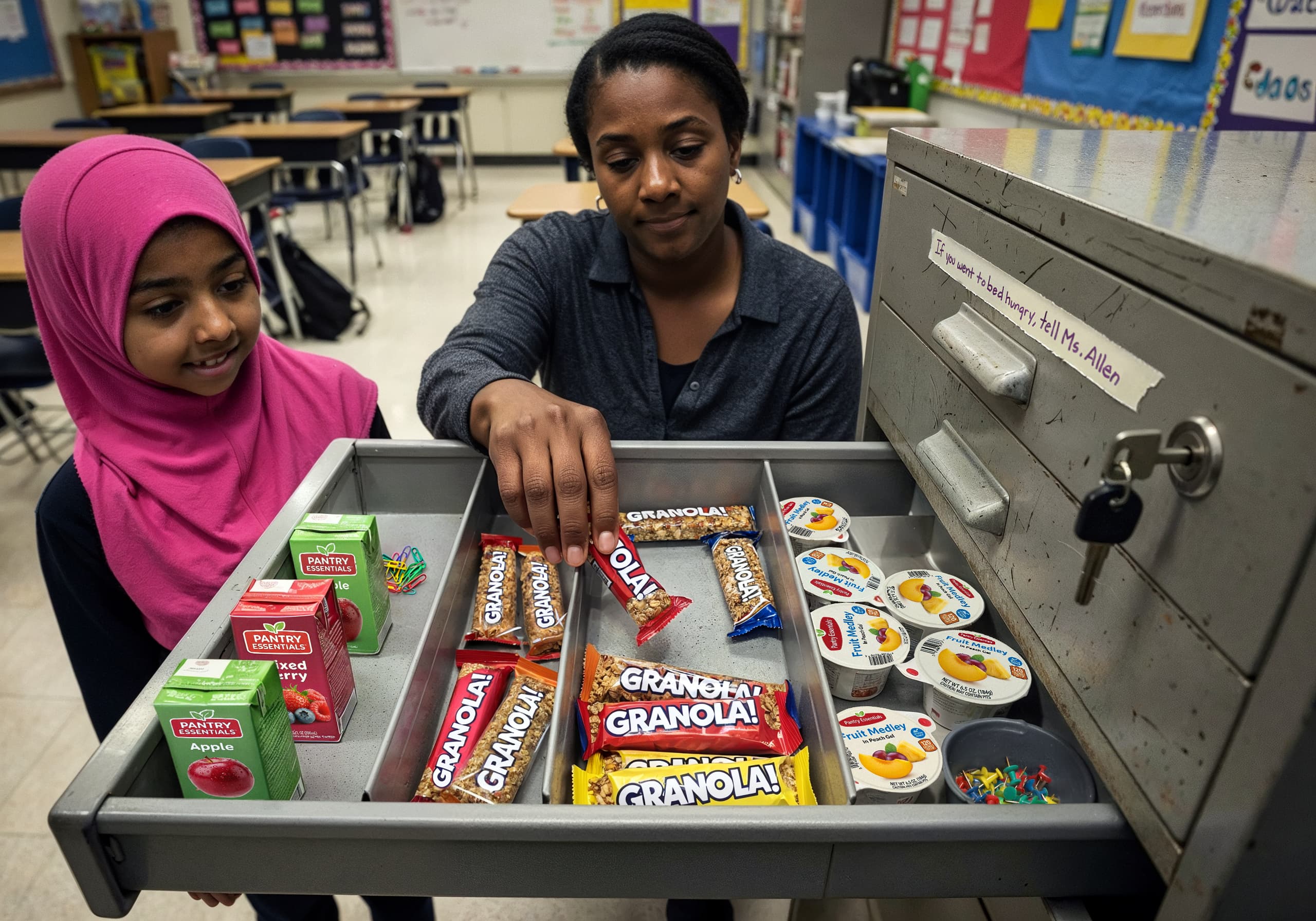 In an empty public school classroom, a weary teacher opens a metal drawer half-filled with granola bars and fruit cups as a hungry student in a pink hijab appears eager to eat.