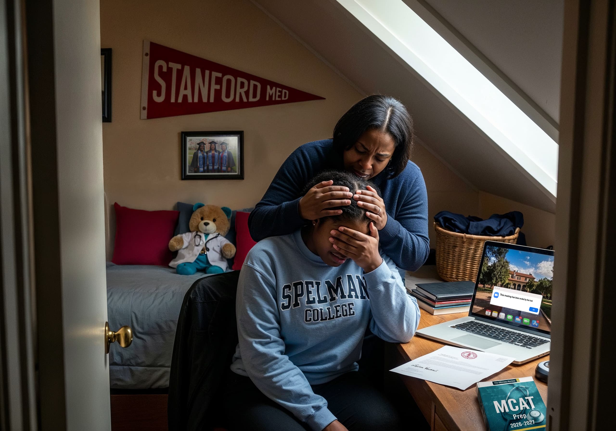 A Spelman College senior cries at her desk as her mother comforts her. A "Stanford Med" pennant hangs on the wall and a Stanford acceptance letter sits on the desk.
