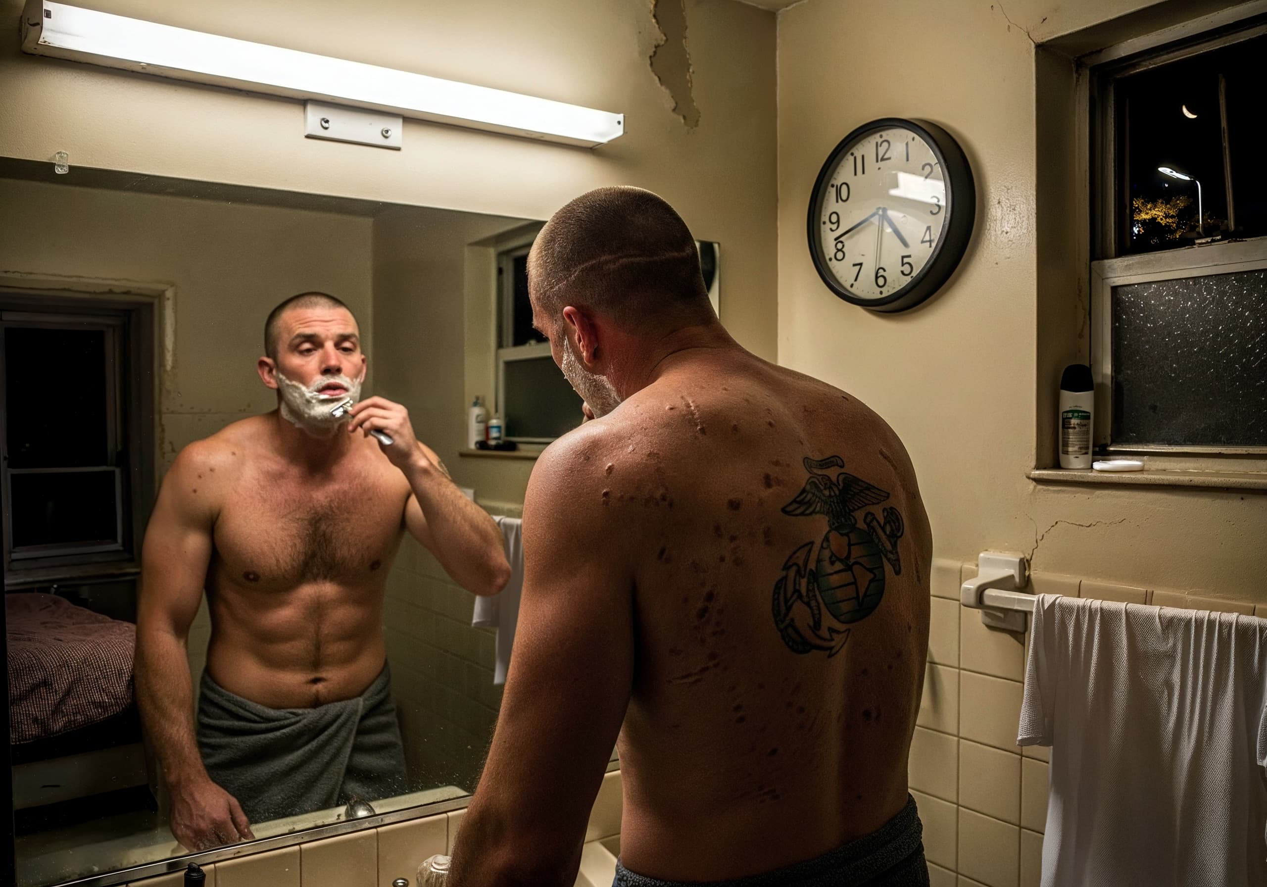 A Marine veteran with significant scarring on his head and torso is shaving in a cramped bathroom before dawn.