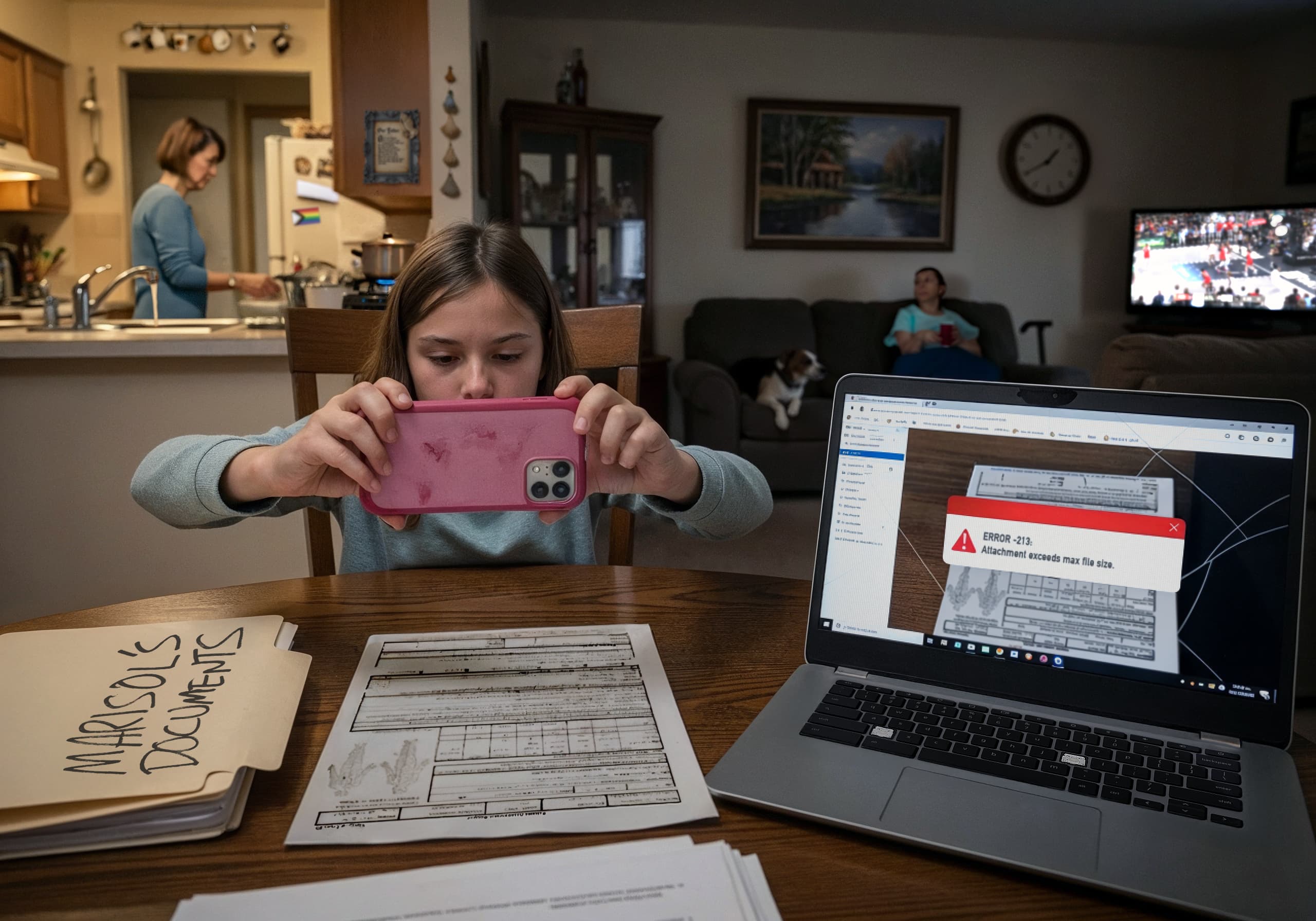 A ten-year-old girl carefully attempts to photograph a medical form while a laptop displays an error message reading “Attachment exceeds max file size”. Behind the girl, an older woman cooks and another watches TV.