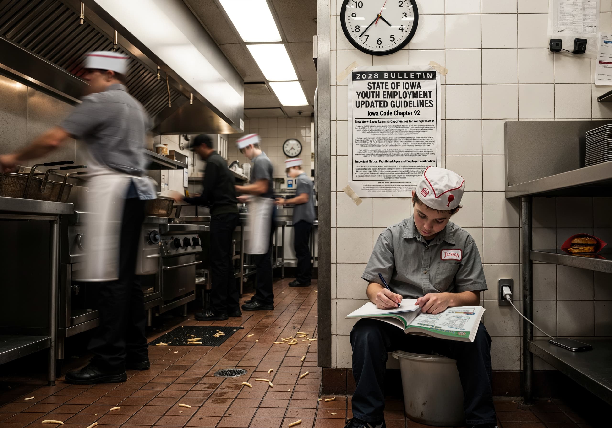 A ten-year-old boy in a restaurant uniform does homework sitting on a bucket in a bustling and greasy fast food kitchen. A poster on the wall reads “2028 State of Iowa Youth Employment Updated Guidelines.”