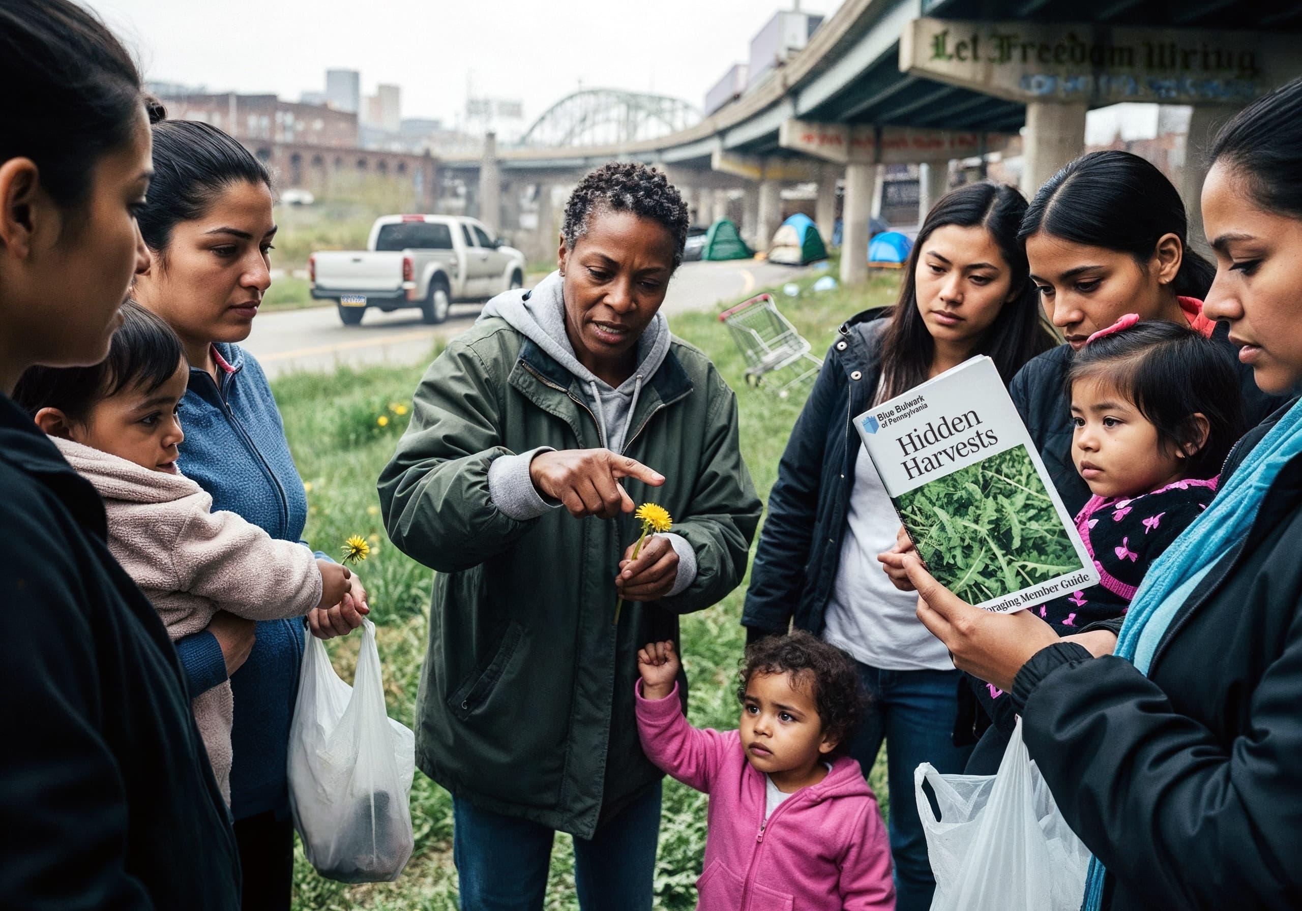 Under a gritty highway overpass, an older woman shows a dandelion to a small group of young women-of-color and their children. One woman holds a booklet titled "Hidden Harvests" with a "Blue Bulwark of Pennsylvania" logo.