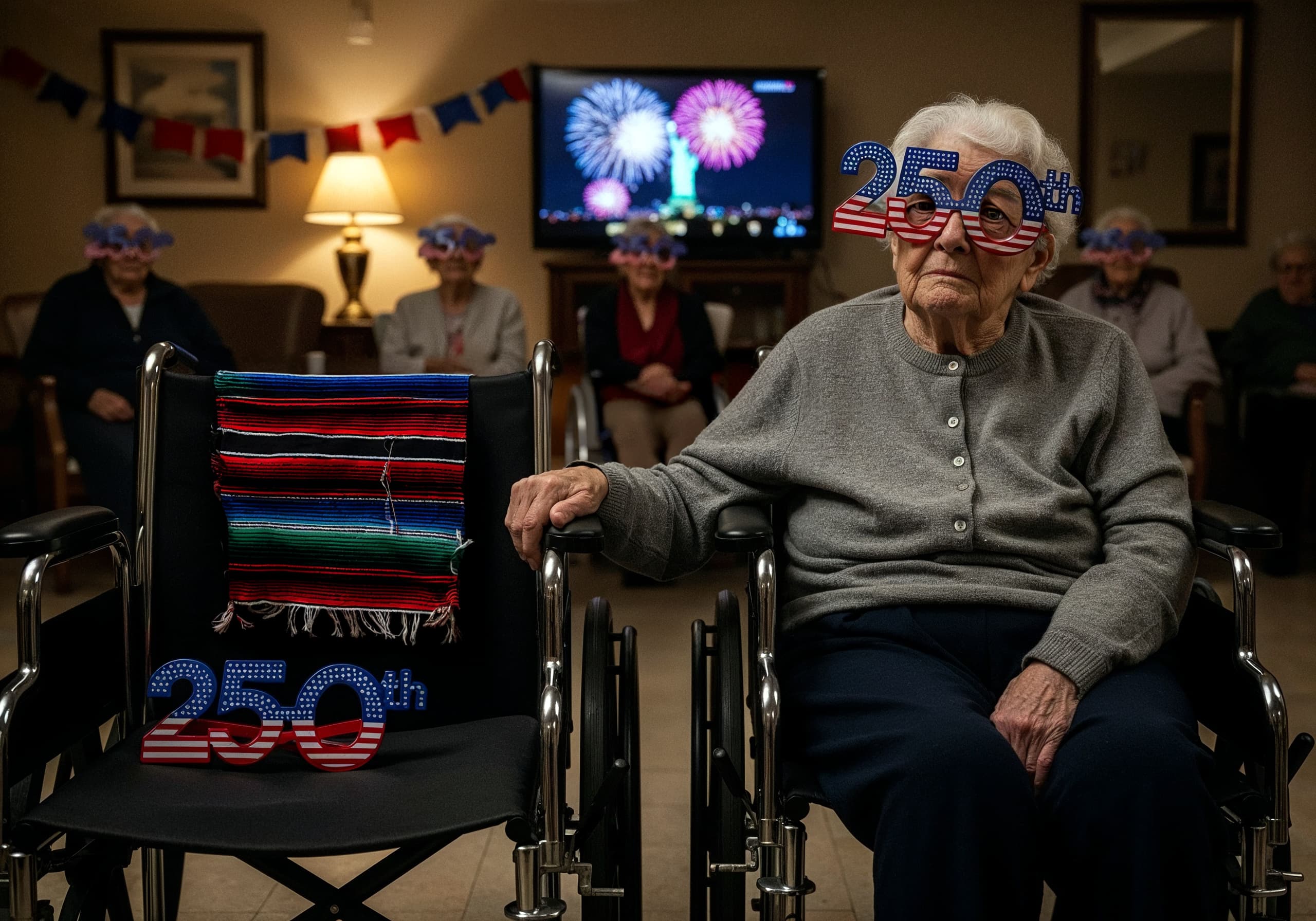 In a dim nursing home common room, an elderly woman in a wheelchair, wearing novelty “250th” patriotic glasses, is resting her hand on an empty wheelchair as fireworks play on TV. A worn and colorful Mexican blanket is draped over the empty chair.