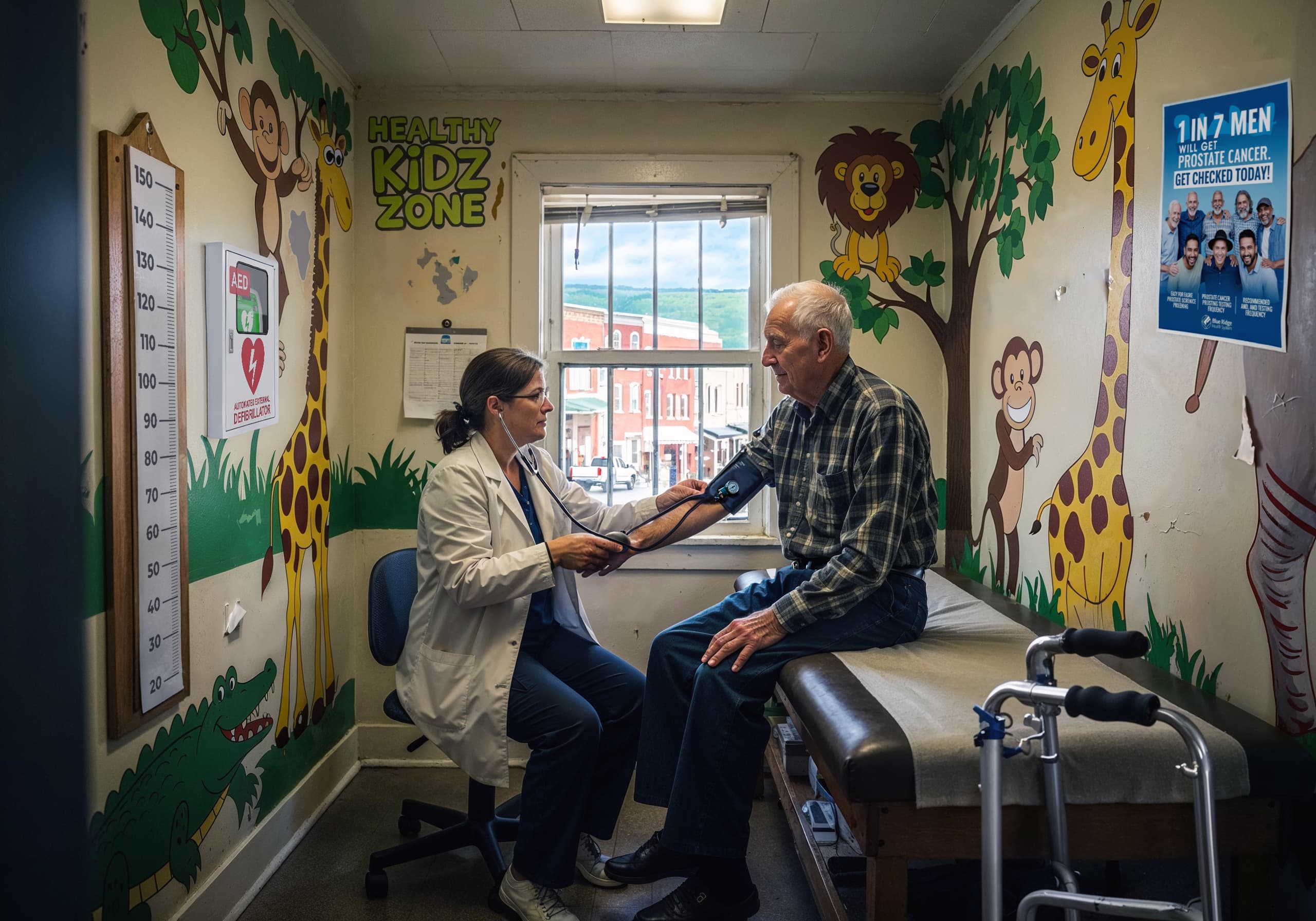 A doctor takes an older man's blood pressure in a clinic room decorated for kids with murals of cartoon jungle animals that are fading and peeling. A prostate cancer awareness poster is taped to the wall.