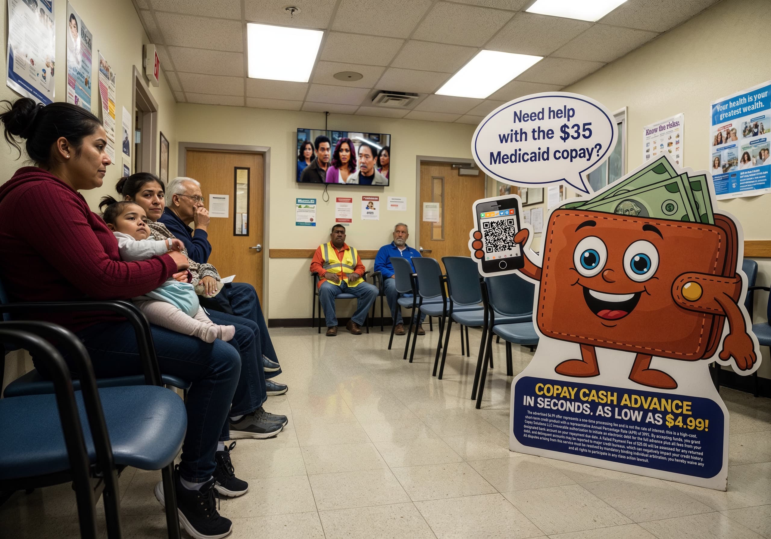 Patients in a grim medical office waiting room notice an ad shaped like a life-size cardboard cutout of a cartoon wallet. The ad reads: “Need help with the $35 Medicaid copay? Copay Cash Advance—apply in minutes.”