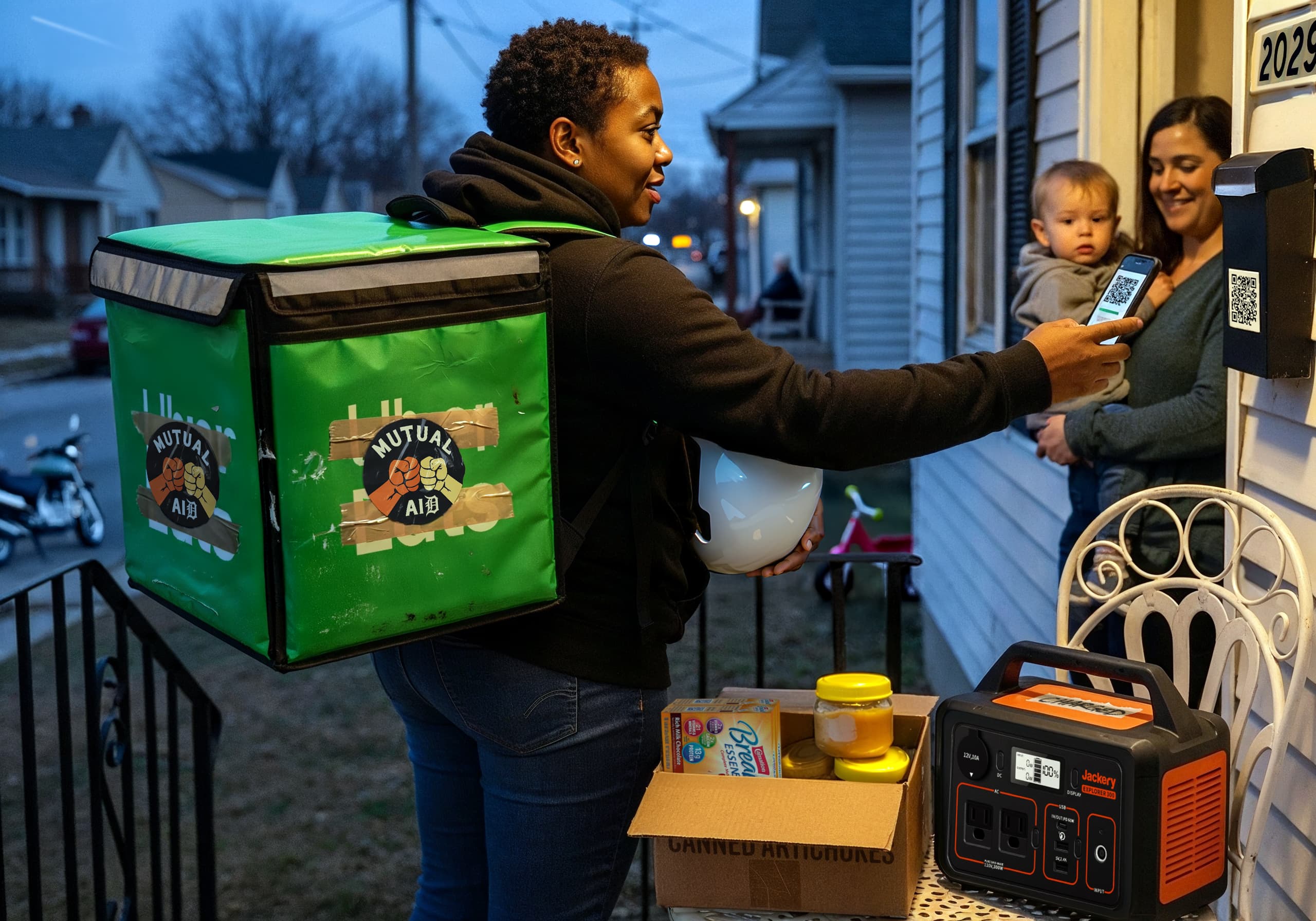 A gender non-binary delivery courier drops off baby food and a large portable battery to a young mother holding a toddler in a Detroit neighborhood of simple middle-class homes.